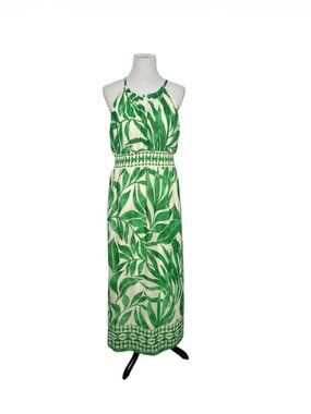 London Times Green and Cream Leaf-Print Halter Maxi Dress